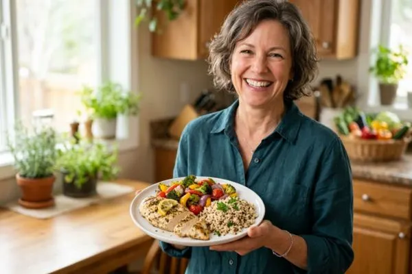 Femme de 50 ans en bonne santé, souriante, tenant une assiette équilibrée avec du
blanc de poulet, des légumes colorés et des féculents complets.