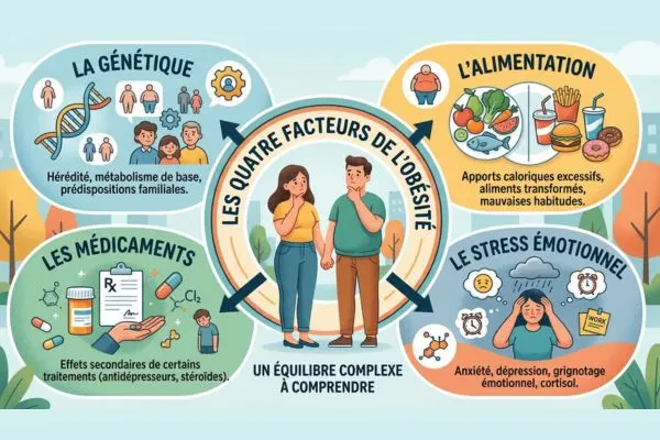 Illustration symbolisant les 4 facteurs de l'obésité : gènes, alimentation, stress émotionnel, médicaments — schéma circulaire
ou personne entourée de facteurs environnementaux