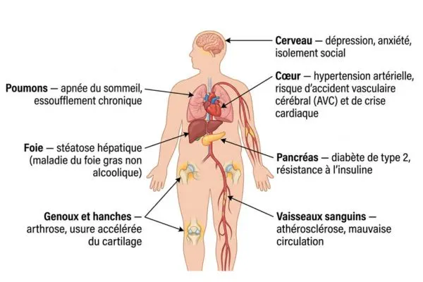 Silhouette humaine avec les organes touchés mis en évidence, reliés à leurs complications spécifiques, illustration médicale
claire sur fond blanc ou bleu très clair :