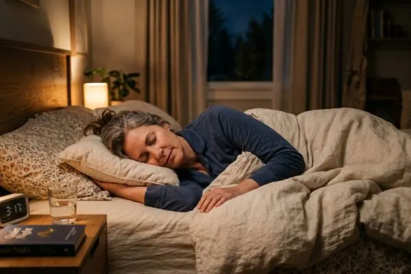 femme de 50 ans dormant paisiblement, chambre calme, nuit reposante, qualité du sommeil
