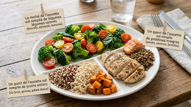 Assiette équilibrée règle d'or 50% légumes 25% protéines 25% féculents repas pour maigrir