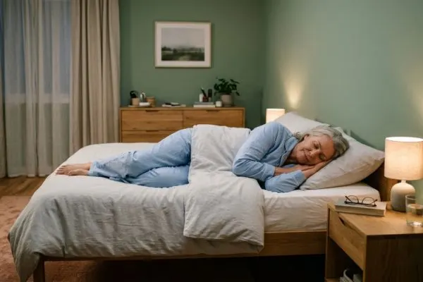 Personne de 50+ dormant sereinement dans une chambre bien rangée, lumière tamisée.
Ambiance calme et reposante.