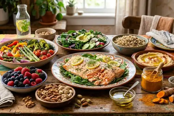 table colorée aliments anti-inflammatoires poisson saumon légumes baies noix huile olive curcuma