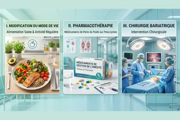 image symbolique montrant trois éléments côte à côte : une assiette équilibrée et colorée, une boîte de médicaments ou
comprimés, et un bloc opératoire — fond clair et professionnel, tons verts et bleus doux, symbole des trois
approches thérapeutiques de l'obésité morbide