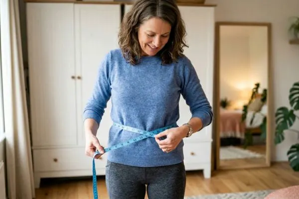 femme de 50 ans mesurant son tour de taille avec mètre ruban souple, balance de côté