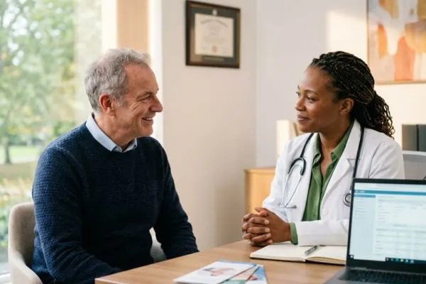 Personne 50+ en consultation avec un médecin ou naturopathe, ambiance bienveillante et rassurante.