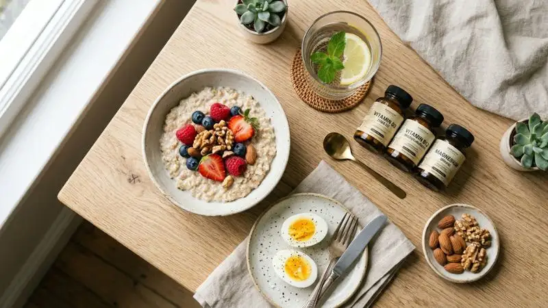 flatlay vue dessus petit-déjeuner sain et équilibré sur fond bois clair : bol de flocons d'avoine fruits rouges poignée de noix et amandes
œufs durs verre d'eau citron petits flacons de compléments vitamine D B12 magnésium disposition soignée lumière naturelle latérale