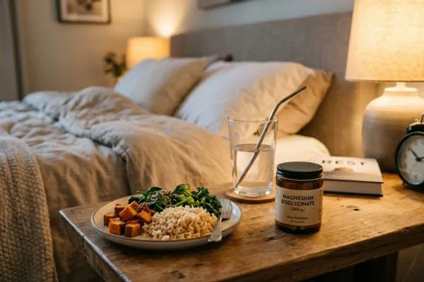 Table de nuit avec disposition soignée : pot de magnésium bisglycinate,
verre d'eau, assiette avec riz ou patate douce et légumes verts — éclairage chaud du soir.
Alternativement : vue de dessus d'aliments riches en tryptophane (banane, œufs, noix, quinoa).