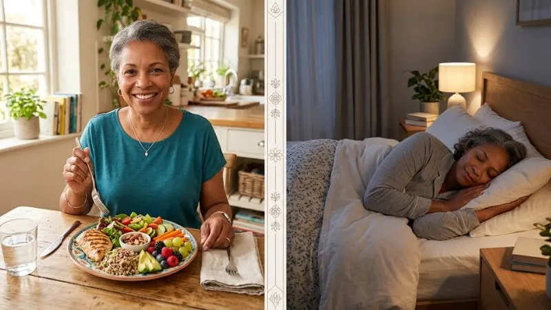 une femme 50 ans souriante devant une belle assiette équilibrée (légumes, protéines, noix, fruits).
À droite : la même femme dormant paisiblement dans une chambre calme avec lumière tamisée douce,
Une ligne de séparation relie les deux scènes