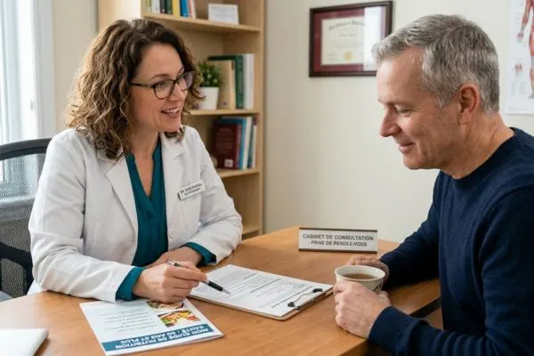 consultation médicale nutritionniste et patient de 50 ans, bilan de santé, accompagnement professionnel