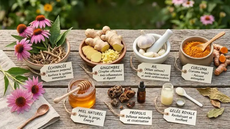 Plantes médicinales échinacée gingembre miel propolis pour renforcer l'immunité naturellement