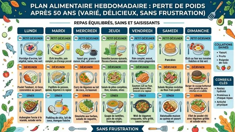 Plan alimentaire 7 jours menus repas pour maigrir après 50 ans semaine complète