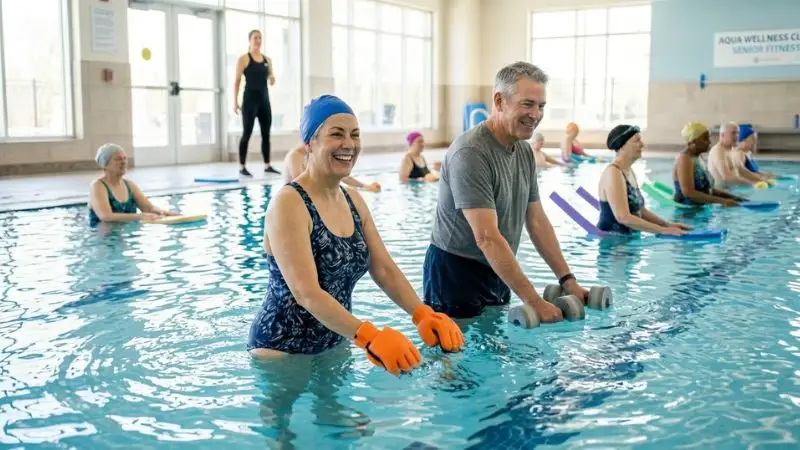 couple de seniors en piscine natation entraînement progressif bien-être