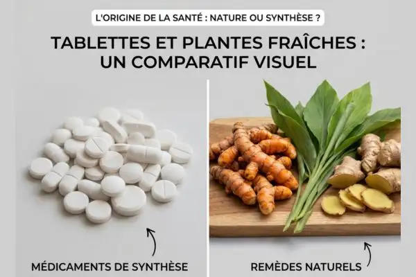 Mise en scène comparative : d'un côté des comprimés blancs (médicaments génériques, sans marque visible),
de l'autre des plantes fraîches, racines de curcuma, gingembre et feuilles. Séparés par une ligne ou présentés
en opposition visuelle