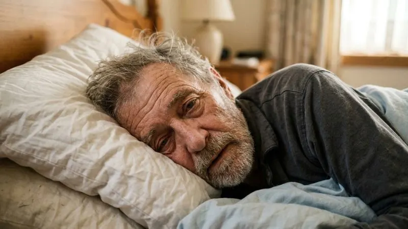 vue rapprochée homme senior les yeux mi-ouverts au réveil visage fatigué et brumeux oreiller blanc froissé lumière matinale rasante
expression de lassitude et de lourdeur.