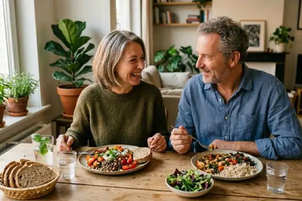 Assiette de légumineuses bien présentée, couple de 50+ à table mangeant un repas équilibré.
Ambiance santé et bien-être.