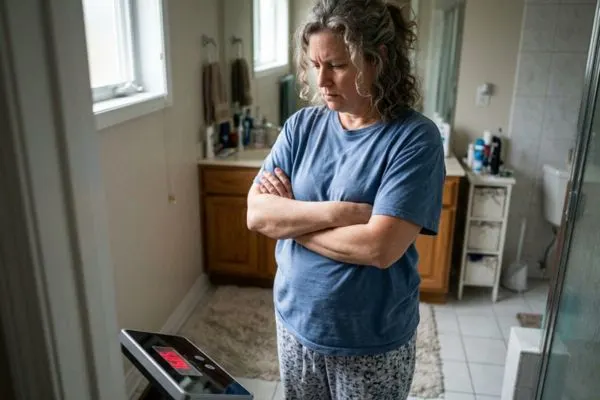 Femme de 50 ans debout sur une balance, les bras croisés, l'air frustré, graisse
abdominale visible.