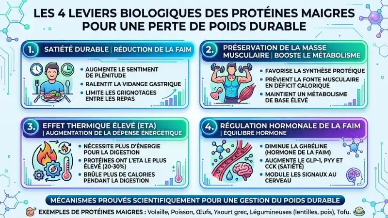 Schéma bienfaits protéines maigres satiété métabolisme préservation musculaire minceur