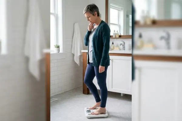 Femme de 50 ans debout de profil sur une balance, expression perplexe ou pensive. Ambiance salle de bain lumineuse.