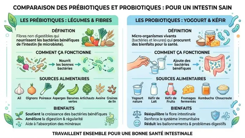différence entre prébiotiques et probiotiques : fibres vs bactéries vivantes