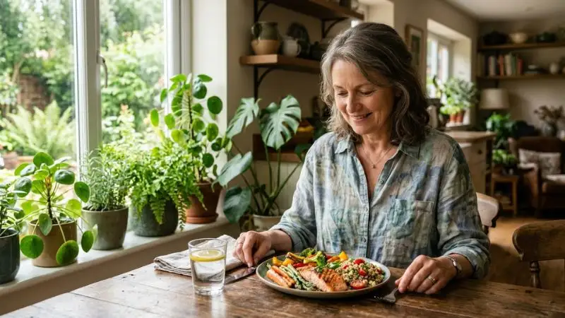femme 55 ans assise à table cuisine sereine regardant son assiette avec bienveillance et sérénité sans stress ni culpabilité repas coloré
équilibré devant elle expression détendue et positive