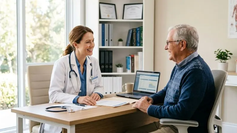médecin femme souriante en blouse blanche en consultation avec patient senior homme assis en face bureau médical propre et lumineux
échange bienveillant et rassurant documents médicaux sur le bureau ambiance professionnelle