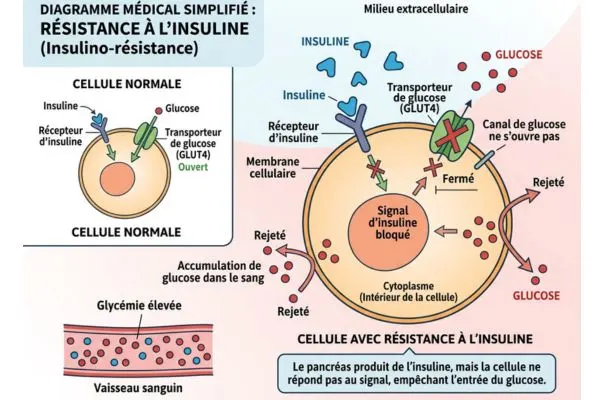Schéma médical simplifié montrant une cellule qui refuse le glucose malgré la
présence d'insuline autour d'elle.