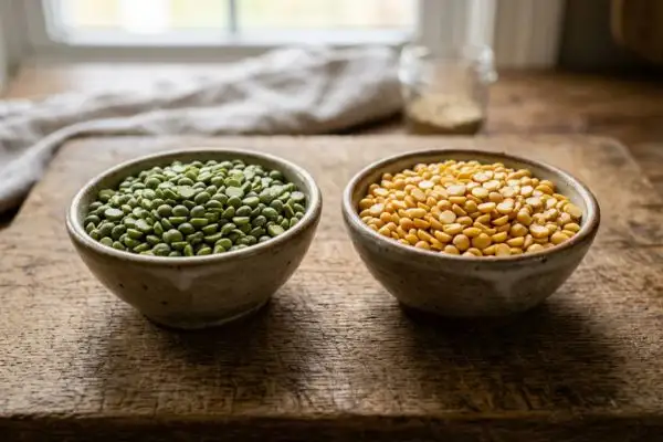 Photo comparant pois cassés verts et jaunes côte à côte, en version sèche crue, dans des petits bols ou sur
une surface en bois.