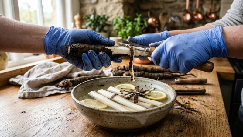 comment éplucher et préparer le salsifis sans taches : gants et eau citronnée