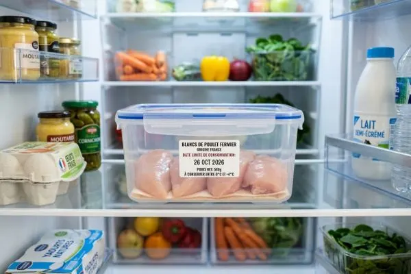 Blanc de poulet cru dans un récipient hermétique transparent, posé dans un réfrigérateur
bien rangé, étiquette avec date de conservation visible.