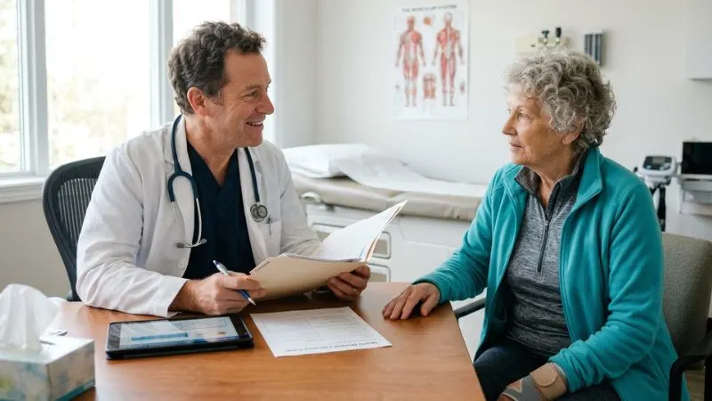 médecin en consultation avec patient senior bilan de santé avant reprise sportive