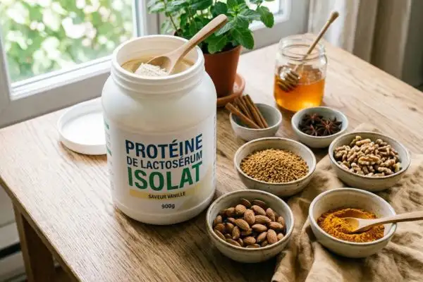 Pot de whey, graines de fenugrec, petits bols d'épices naturelles et oléagineux sur une surface en bois.
Ambiance naturelle et saine.