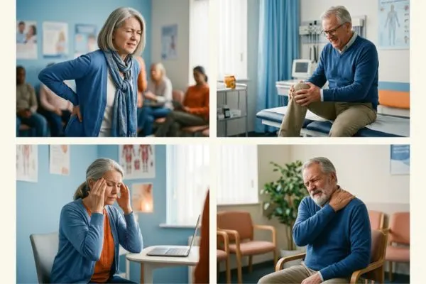 collage de 4 petites images — personne se tenant le dos, autre tenant son genou, autre se
massant les tempes — toutes âgées de 50+. Tons bleus et orangés, ambiance médicale douce.