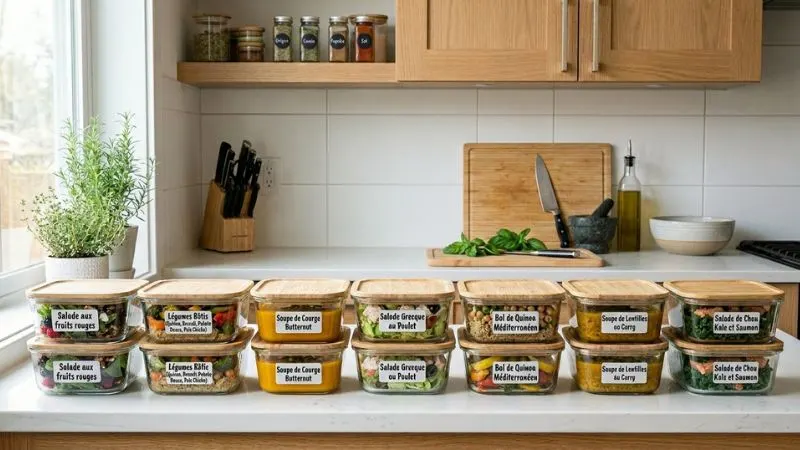 Batch cooking préparation repas semaine boîtes hermétiques déjeuner travail minceur 50 ans