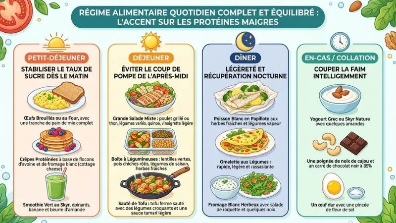 Stratégie repas protéine maigre petit-déjeuner déjeuner dîner collation journée équilibrée