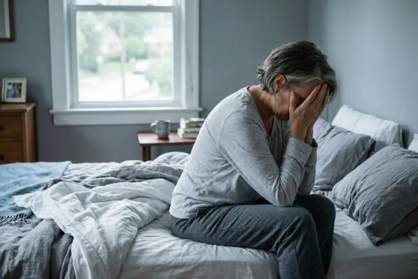 Personne d'une cinquantaine d'années assise au bord du lit le matin, tête dans les mains
ou regard fatigué, lumière matinale en arrière-plan. Expression de fatigue et d'épuisement
malgré une nuit complète. Tons gris et blanc froid.