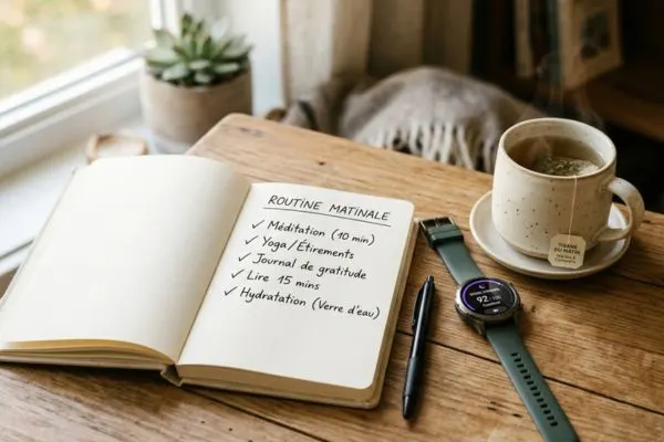 Image motivante et synthétique : carnet ouvert avec liste de routines cochées, montre connectée
affichant un bon score de sommeil, tasse de tisane. Ambiance "nouvelle routine positive", tons
chauds et apaisants. Aucun écran de smartphone visible.
