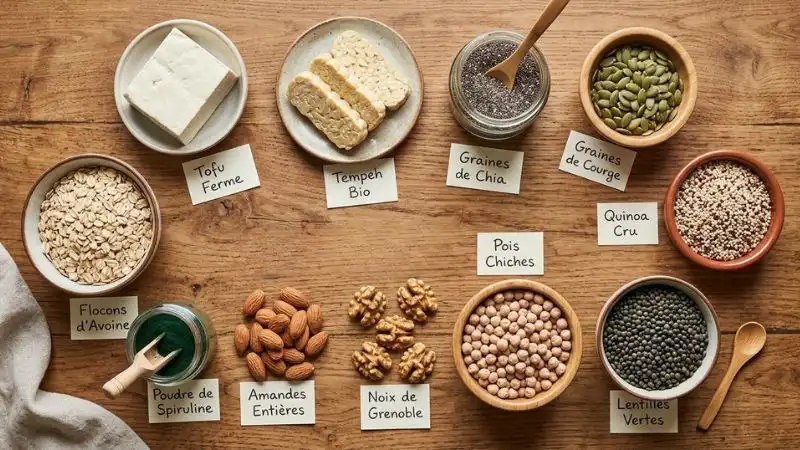 vue de dessus sur fond bois naturel avec 10 aliments bien disposés bloc de tofu blanc tempeh graines de chia
graines de courge quinoa cru lentilles vertes pois chiches noix amandes spiruline en poudre verte et flocons d'avoine étiquettes manuscrites.