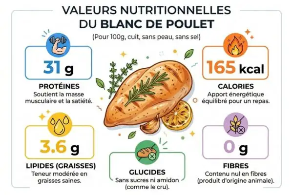 Infographie claire sur fond blanc montrant un blanc de poulet avec ses valeurs
nutritionnelles : protéines, calories, lipides et glucides affichés en chiffres lisibles.
