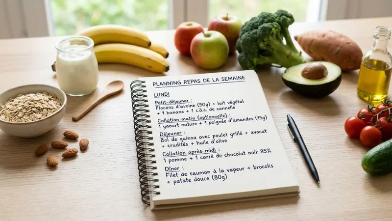 plan de menu hebdomadaire régime posé sur table bois clair entouré d'aliments sains fruits légumes yaourt nature flocons d'avoine stylo
carnet cahier spirale liste des repas de la semaine