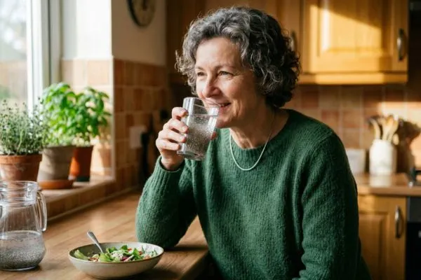 Femme de plus de 50 ans tenant un verre d'eau avec des graines de chia gonflées,
illustrant l'effet coupe-faim naturel