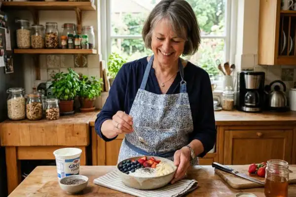 Bol de yaourt nature garni de graines de chia et de fruits frais, préparé par une
femme de plus de 50 ans dans sa cuisine