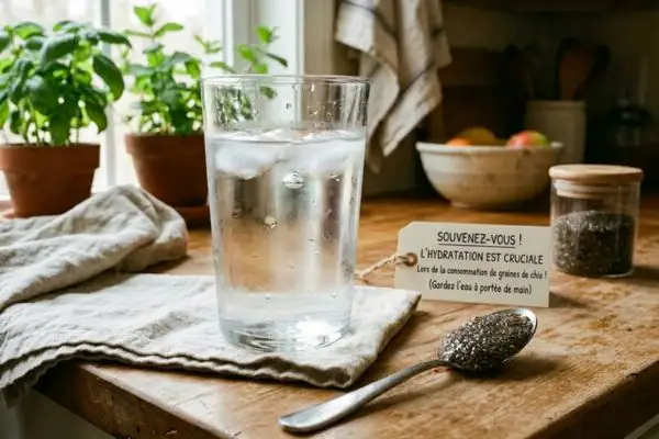 Grand verre d'eau posé à côté d'une cuillère de graines de chia trempées,
rappelant l'importance de l'hydratation lors de la consommation de graines