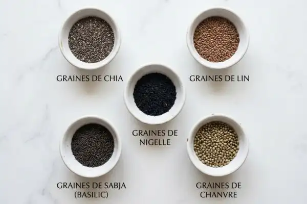 Vue de dessus de cinq petits bols contenant des graines de chia, lin, nigelle, sabja
et chanvre disposés sur un fond blanc