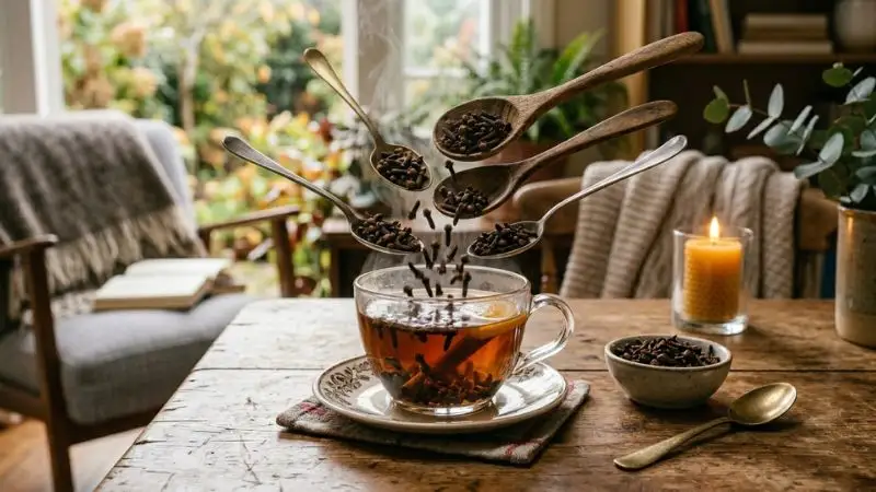 Clous de girofle tombant de cuillères en bois dans une tasse d'infusion, ambiance chaleureuse et naturelle.