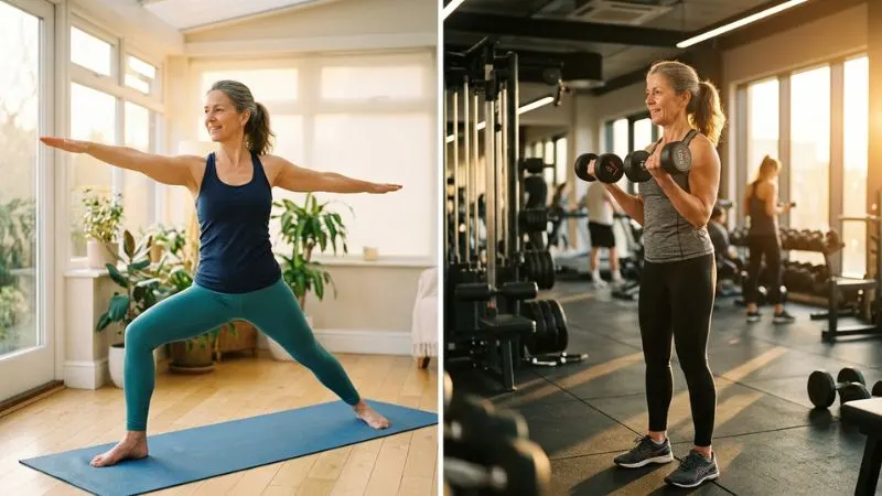 comparaison activité physique matin et après-midi après 50 ans — yoga doux en interieur le matin et renforcement
musculaire en fin d'après-midi selon l'horloge biologique