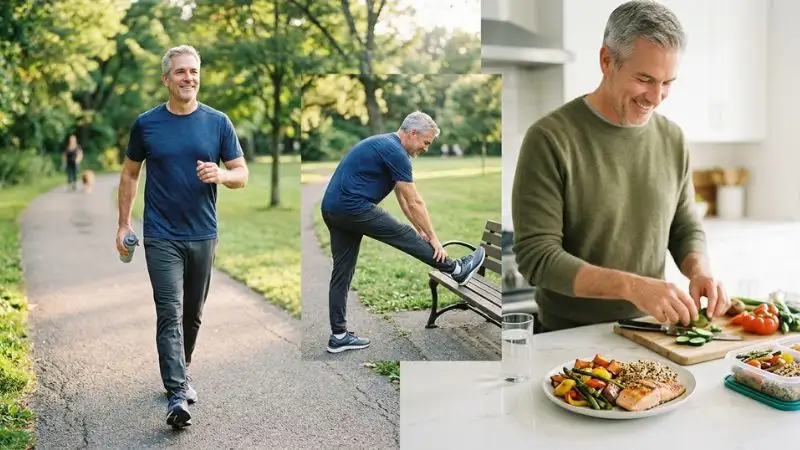 Senior en cuisine, montrant le lien entre alimentation et activité physique.