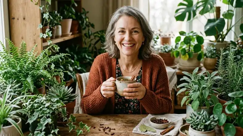 Femme senior souriante tenant une tasse d'infusion entourée de plantes, clous de girofle sur la table.