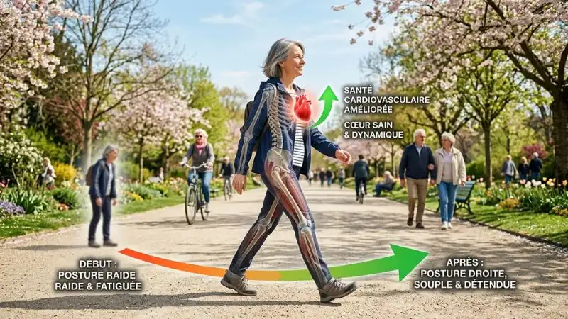 Femme marchant dans un parc, activité physique et transformation après 50 ans
