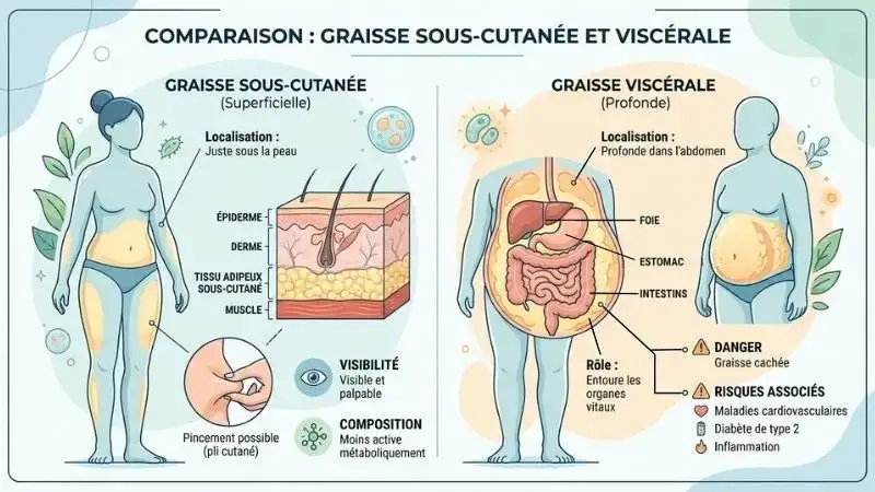 infographie comparant graisse sous-cutanée et graisse viscérale - silhouettes féminines avec zoom sur les couches de peau et les organes internes entourés de graisse profonde